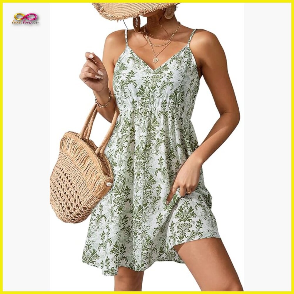 Floral V-Neck Spaghetti Strap Mini Dress Boho Summer Casual Flowy
